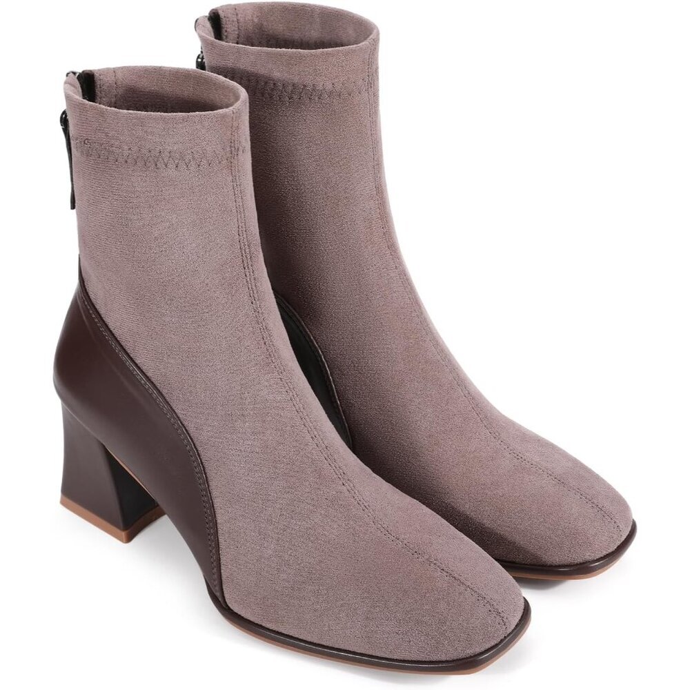 Women's Brown Square Toe Low Block Heel Chelsea Back Zipper Mid Calf Booties